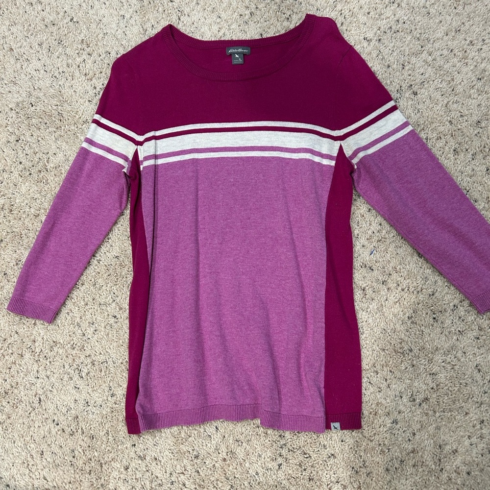 Eddie Bauer Pink Striped 3/4 Sleeve Sweater size L Tall